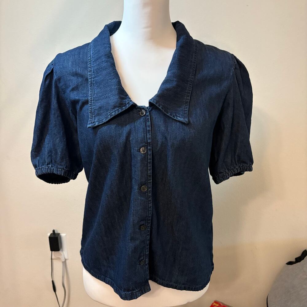Gap Dark Wash Puff Sleeve Denim Chambray Top Women’s Medium Peter Pan Collar